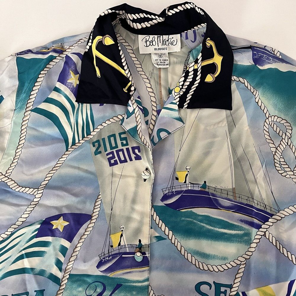 Bob‎ Mackie Yacht Sea Silk Blouse Short Sleeve Womens 8